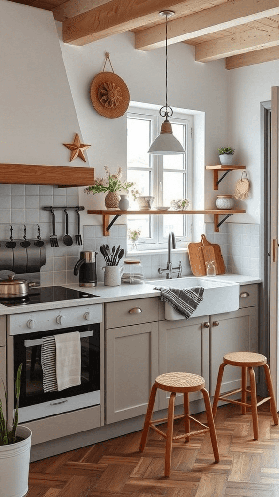 A cozy kitchen featuring wooden beams, vintage decor, and a modern cooking setup.