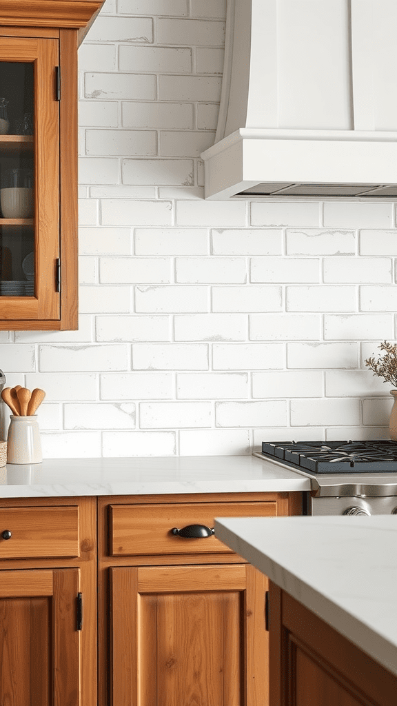 A cozy kitchen featuring subway tiles, wooden cabinets, and a sleek countertop.