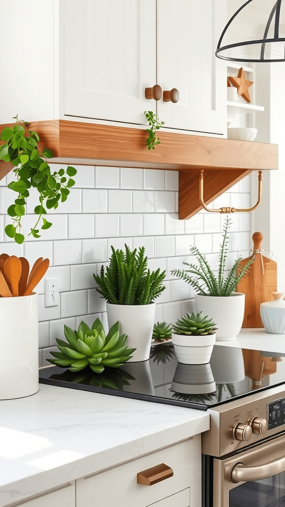 A bright kitchen with various succulent plants on the countertop and shelf.