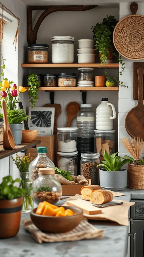 A bright, organized kitchen shelf with jars, plants, and fresh produce.