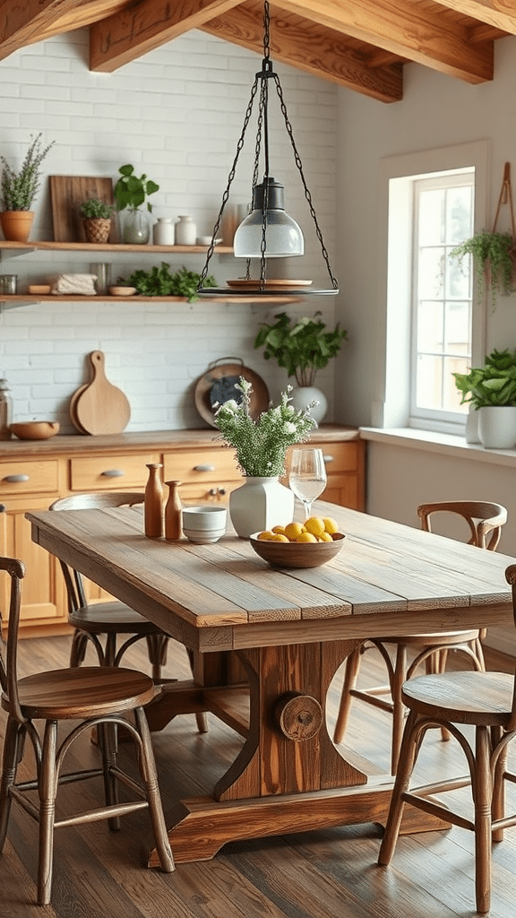 A cozy kitchen with a wooden table and natural decor.