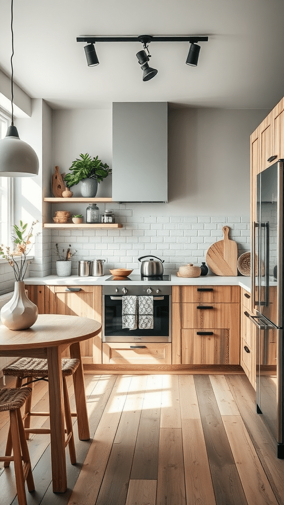 A bright, modern kitchen featuring wooden cabinets, a circular table, and plants.