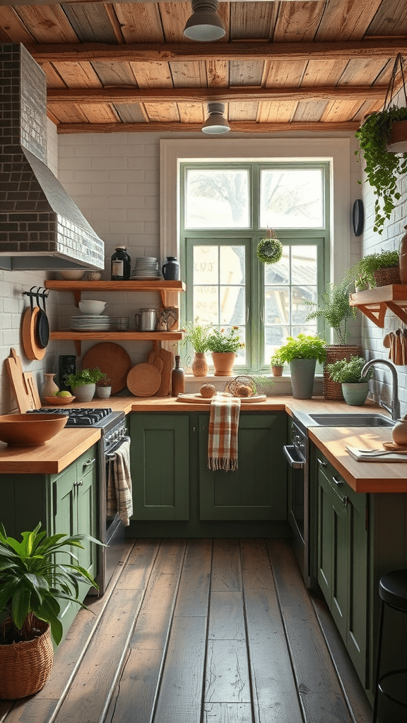 A cozy kitchen featuring green cabinets, wooden countertops, and various plants.