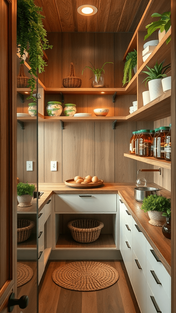 A beautifully designed pantry featuring wooden shelves, plants, and a cozy atmosphere.