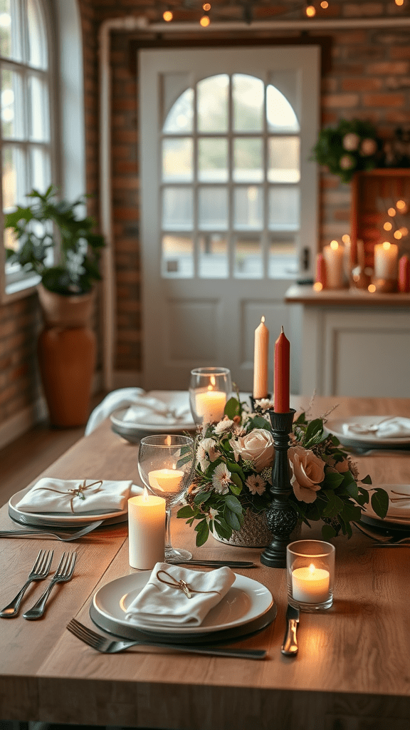 A beautifully set dining table for two with candles and flowers.