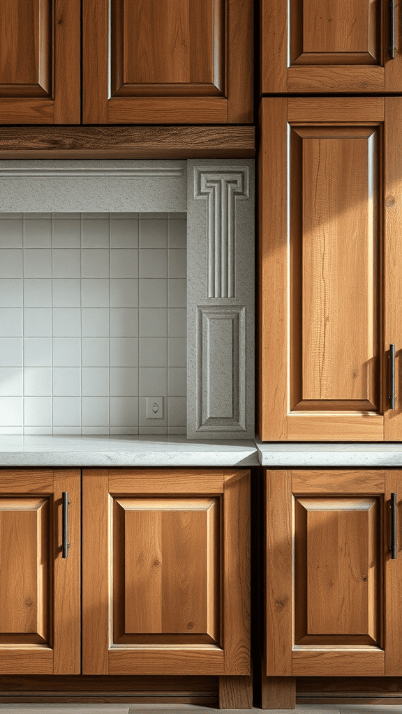 Rustic kitchen cabinets with textured wooden finishes and stone accents.