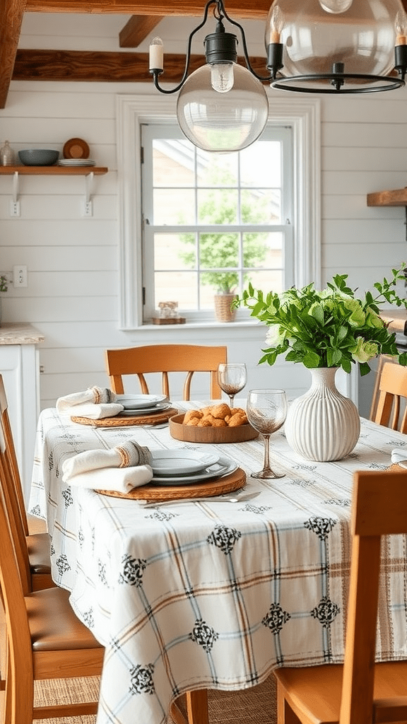 A cozy dining table set with a patterned tablecloth, plates, glasses, and a vase of flowers.