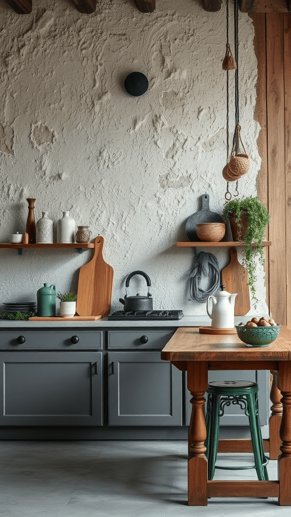 A kitchen with a textured wall finish, showcasing wooden shelves, kitchenware, and decorative items.