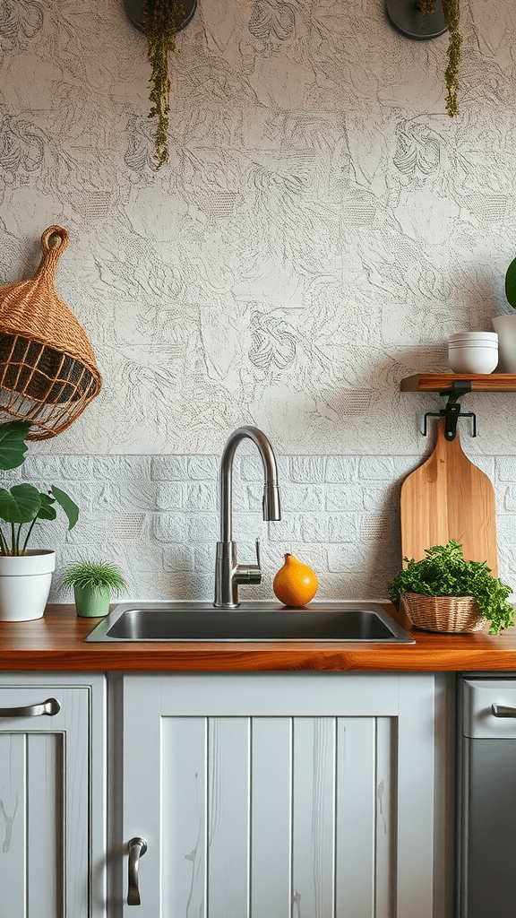 A cozy kitchen featuring textured wallpaper, plants, and a modern sink.