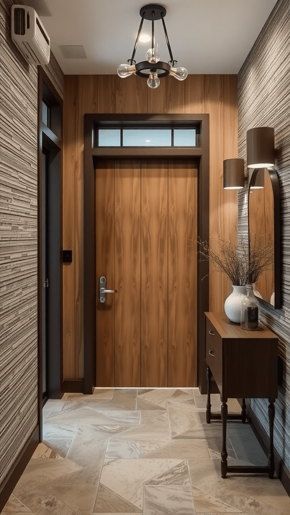 A warmly lit hallway featuring wooden walls, textured wallpaper, and elegant decor.