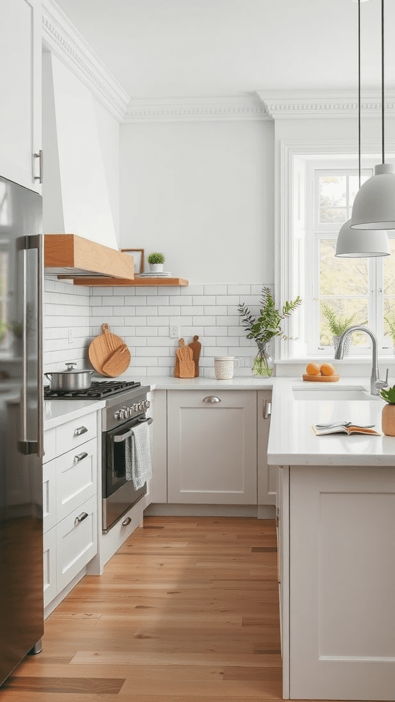 A modern kitchen featuring white cabinets, wooden accents, and large windows.