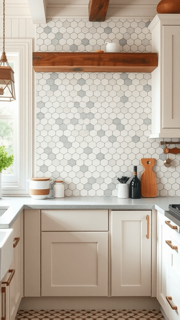 A kitchen with a wall featuring tiny hexagonal tiles, showcasing a cozy and modern design.