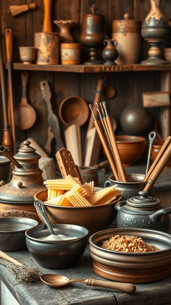 A display of traditional cooking tools and ingredients on a wooden table.