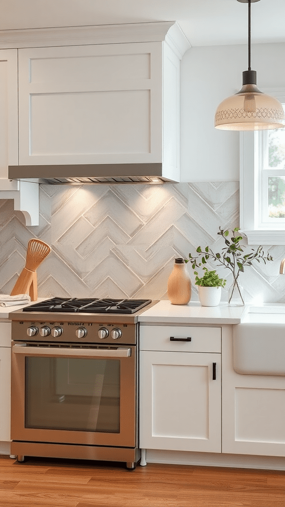 A modern kitchen featuring a blend of white cabinetry and a stylish backsplash, showcasing a sleek cooking range and light fixtures.