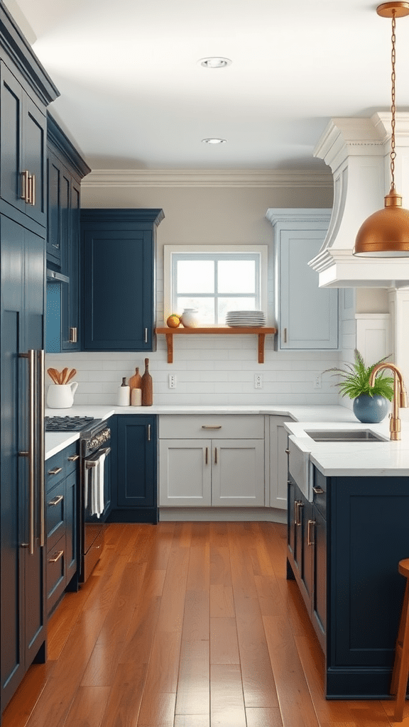 A stylish farmhouse kitchen featuring two-tone cabinets in navy and white.