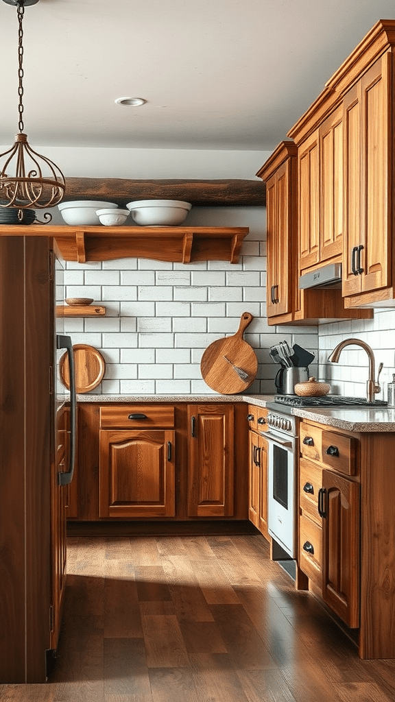 A rustic kitchen with two-tone wooden cabinets, featuring dark wood and lighter accents, complemented by a white subway tile backsplash.