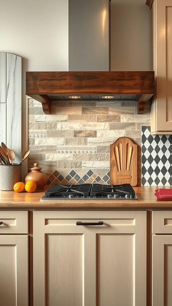 A kitchen with a unique tile and stone backsplash featuring a mix of colors and patterns.