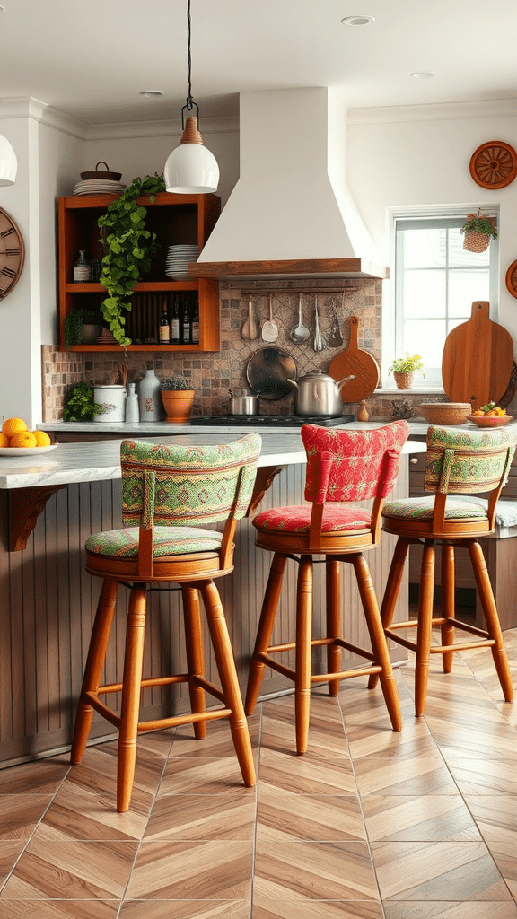 Colorful and unique bar stools in a stylish kitchen setting