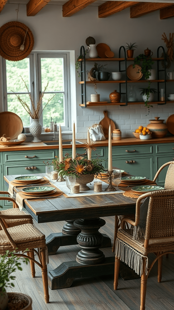 A cozy dining table adorned with a unique centerpiece featuring candles and greenery.