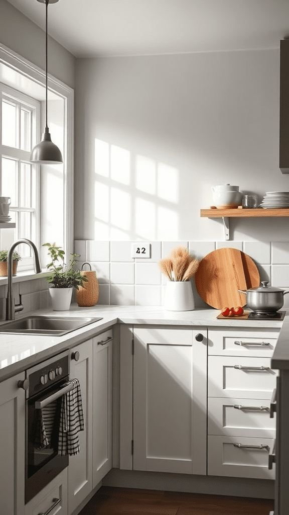 A cozy kitchen corner with a clean countertop, filled with plants, cookware, and wooden cutting boards.