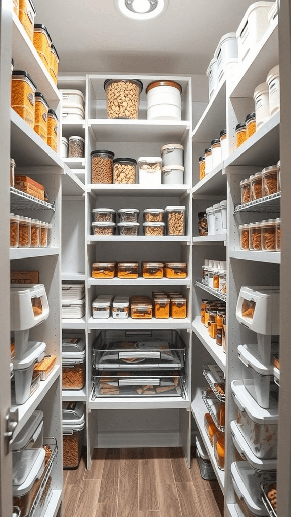 An organized pantry with shelves filled with labeled containers and jars