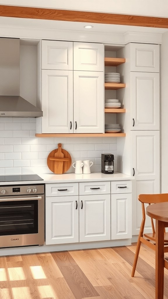 A bright farmhouse kitchen with vertical storage cabinets, featuring open shelves and a clean layout.