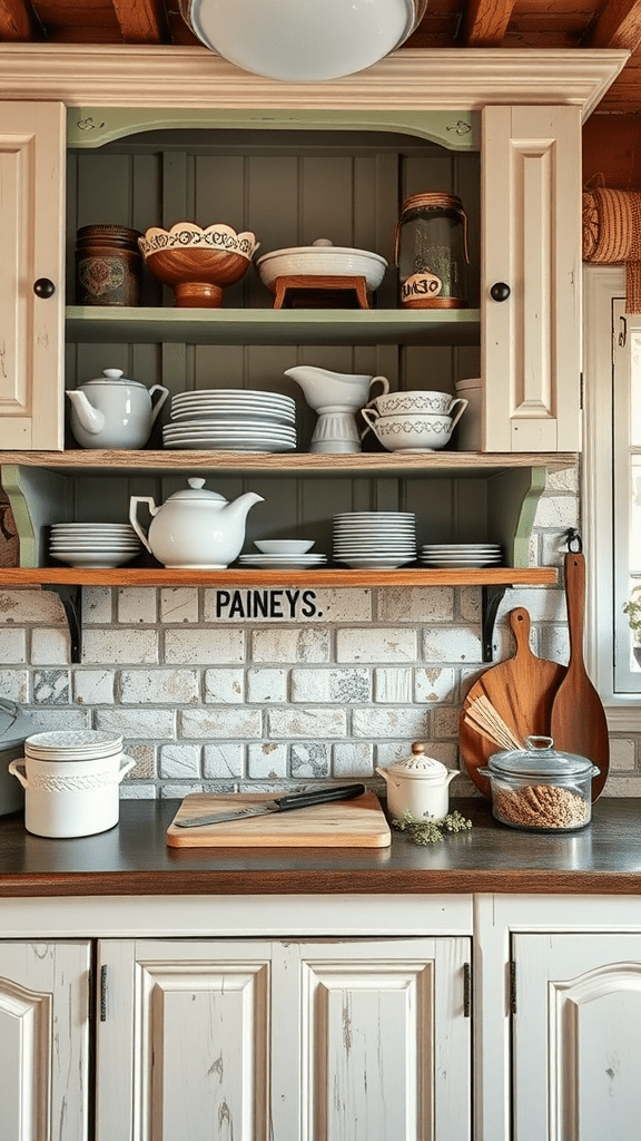 A vintage display of bakeware and dishes in a rustic kitchen setting.