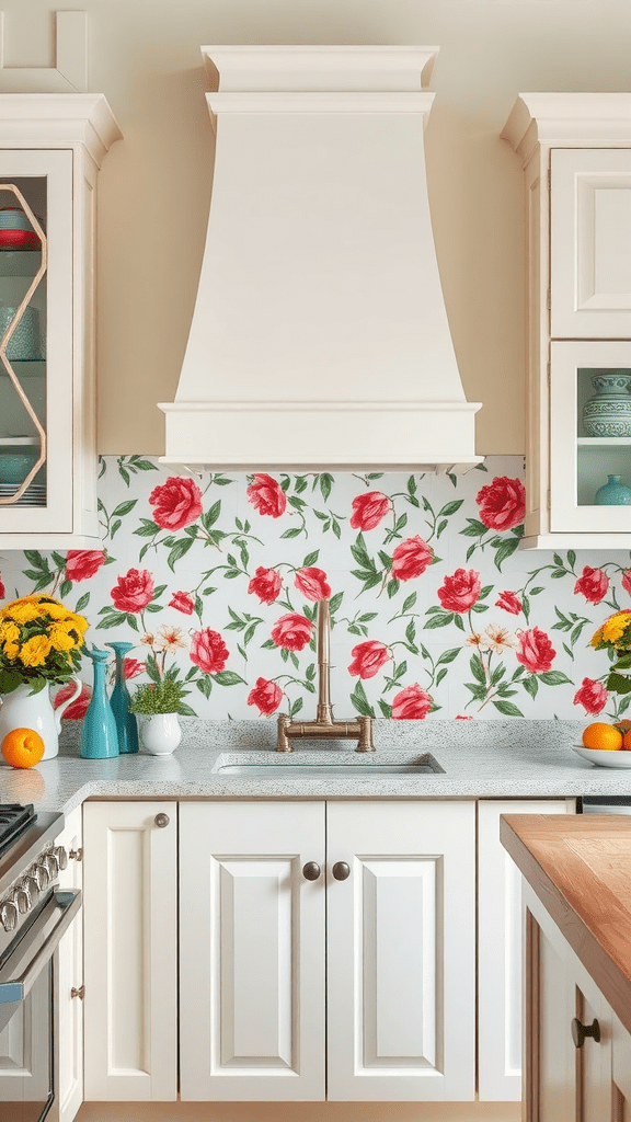 A bright kitchen featuring vintage floral wallpaper with red roses.