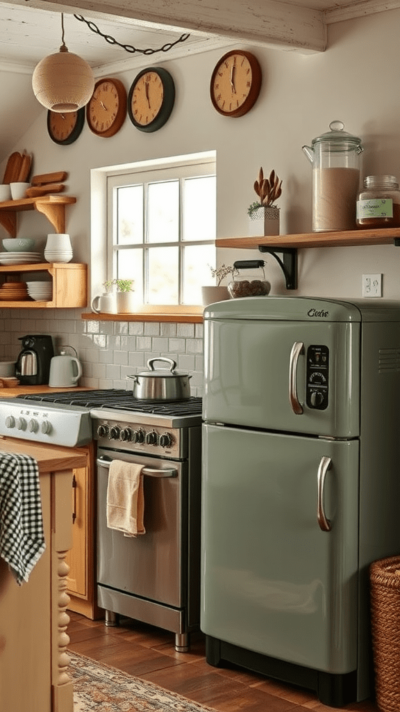 A vintage-style green refrigerator and stove in a cozy kitchen setting.