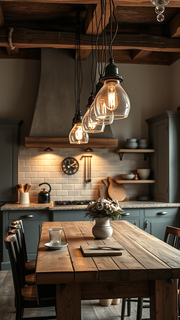 A cozy kitchen featuring vintage hanging light fixtures over a wooden table.