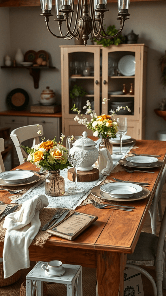 A rustic dining table set with vintage tableware, flowers, and a cozy ambiance