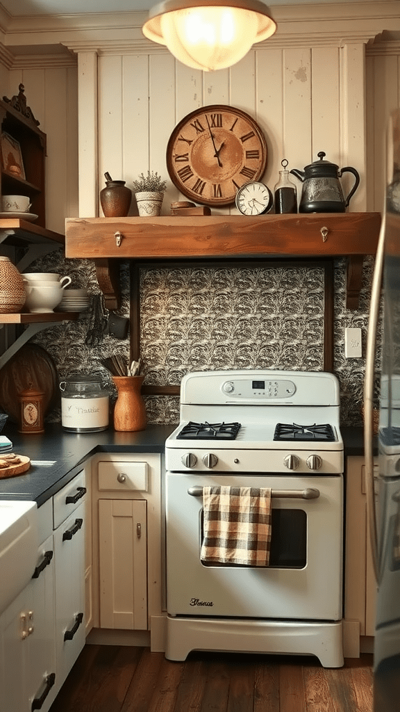 A cozy kitchen featuring vintage decor, a stove, and decorative tin panels.