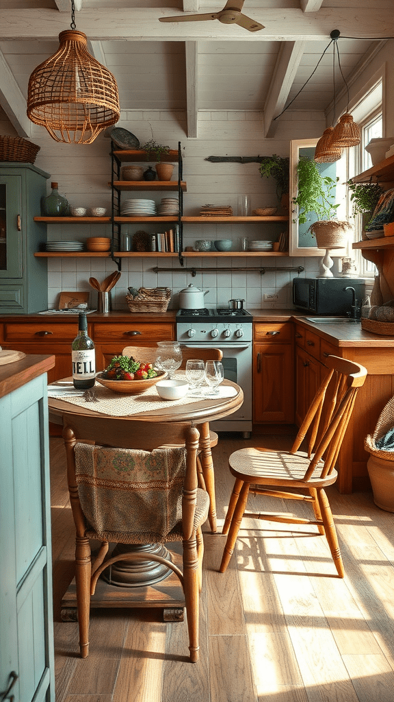 A cozy kitchen featuring vintage wooden furniture, with a round table and wooden chairs, creating a warm atmosphere.