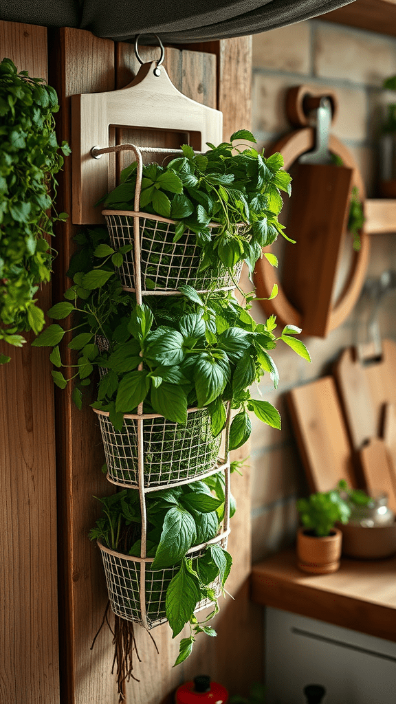 A wall-mounted herb drying rack with green leaves and herbs in a cozy kitchen setting.