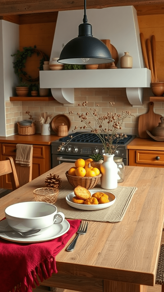 A cozy kitchen featuring a warm color palette with wooden elements and a dining table set for a meal.