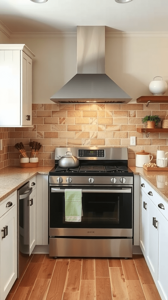 A cozy kitchen with warm neutral tones and a smiling woman by the stove.