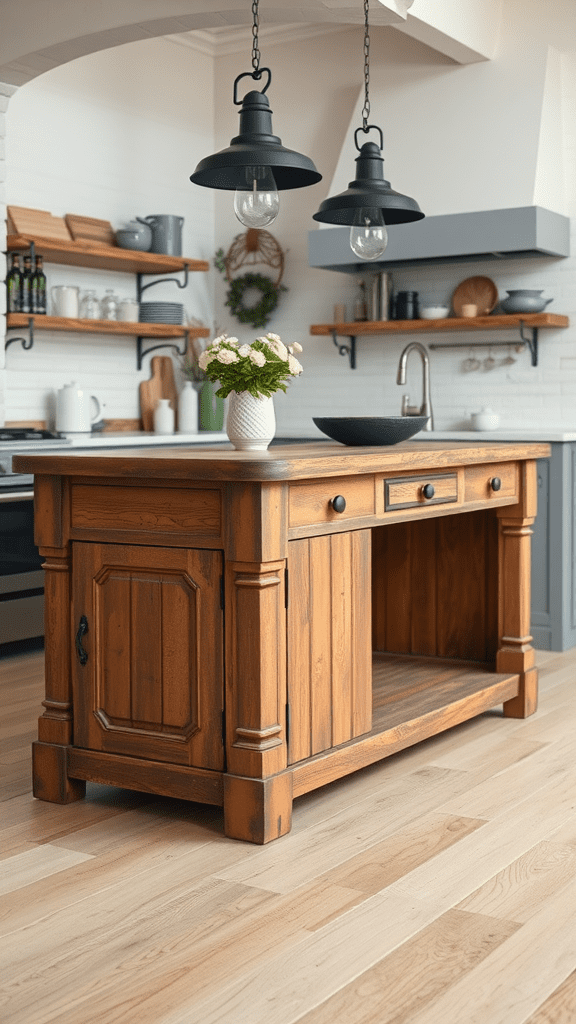 A weathered wooden kitchen island with an antique finish, featuring black pendant lights and a vase of flowers.