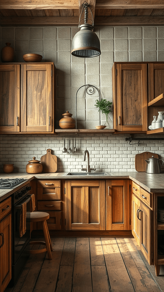 A rustic kitchen featuring weathered wood cabinets and a cozy design.