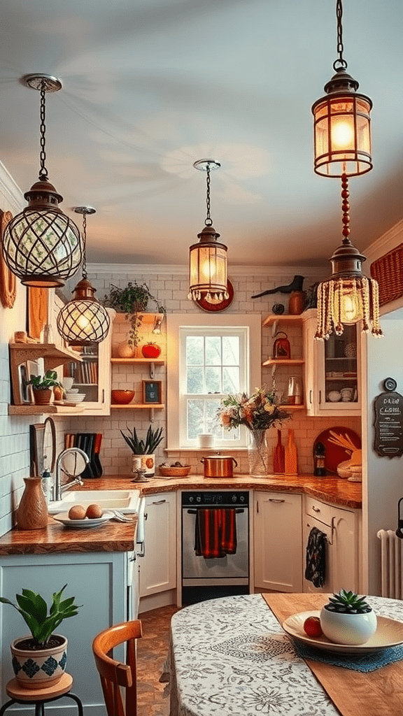 A bright kitchen featuring whimsical light fixtures with various designs.