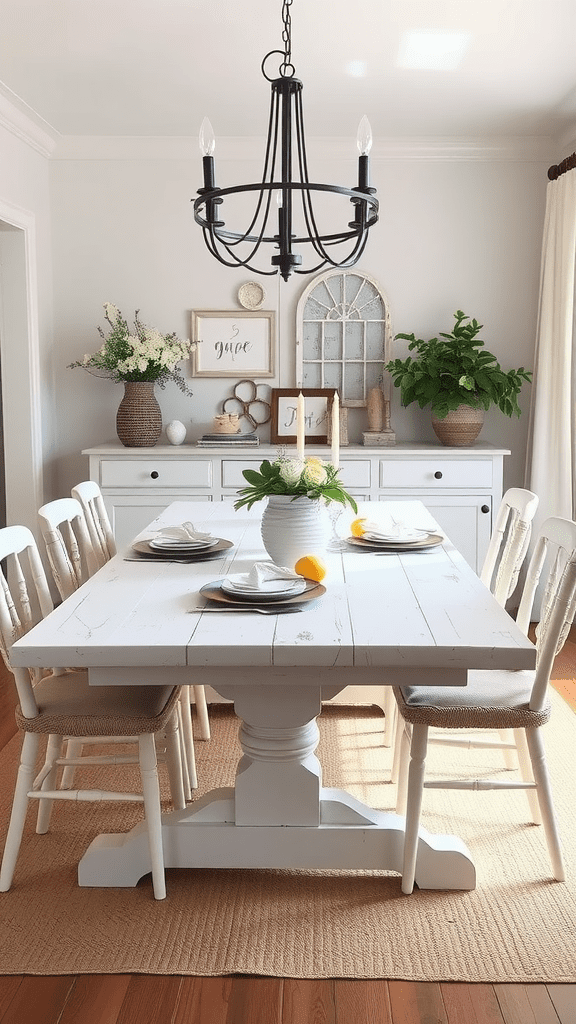 A bright dining room with a white table, light-colored chairs, and greenery decor.