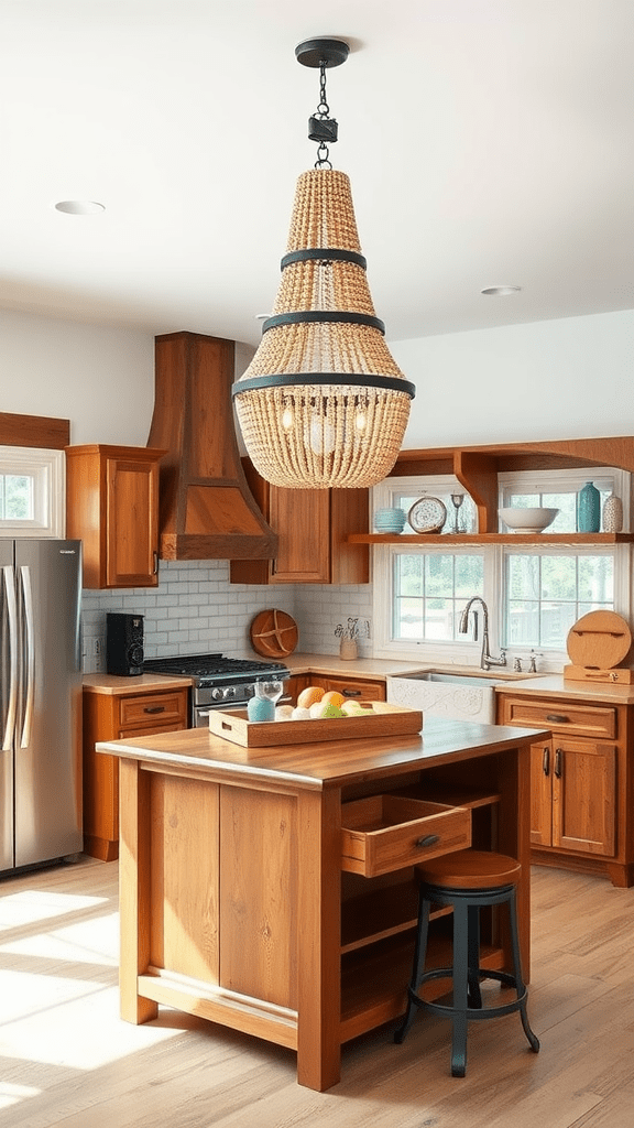 A wooden bead chandelier hanging above a kitchen island with wooden cabinetry.