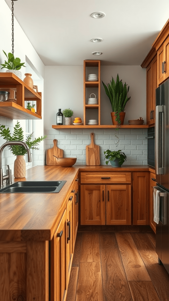 A modern kitchen featuring wooden countertops, cabinets, and plants