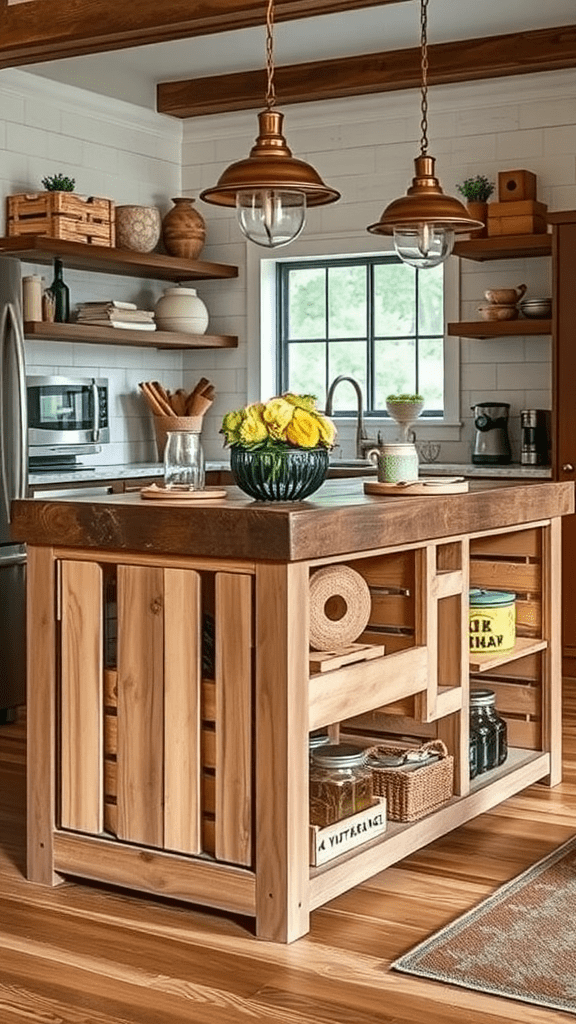 A wooden kitchen island with shelves and wooden crates for storage.