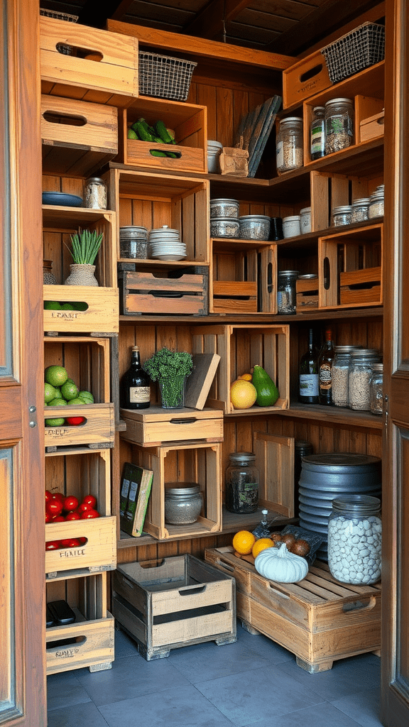 A pantry with wooden crates storing various items and vegetables.