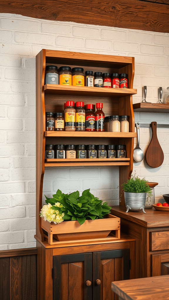 A wooden spice rack filled with various jars and spices, showcasing an organized kitchen space.