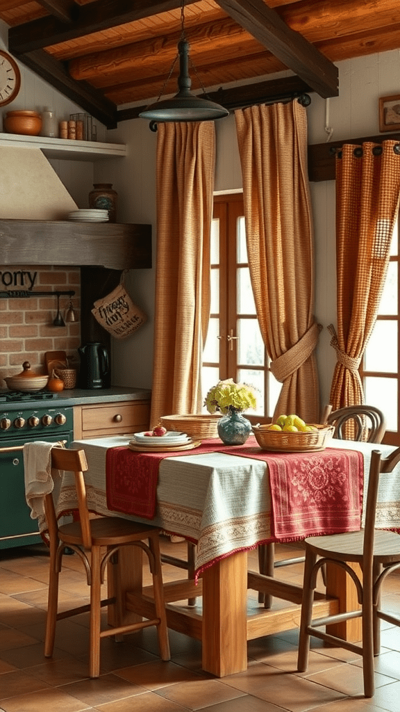 A cozy kitchen featuring woven textiles on curtains and tablecloth.